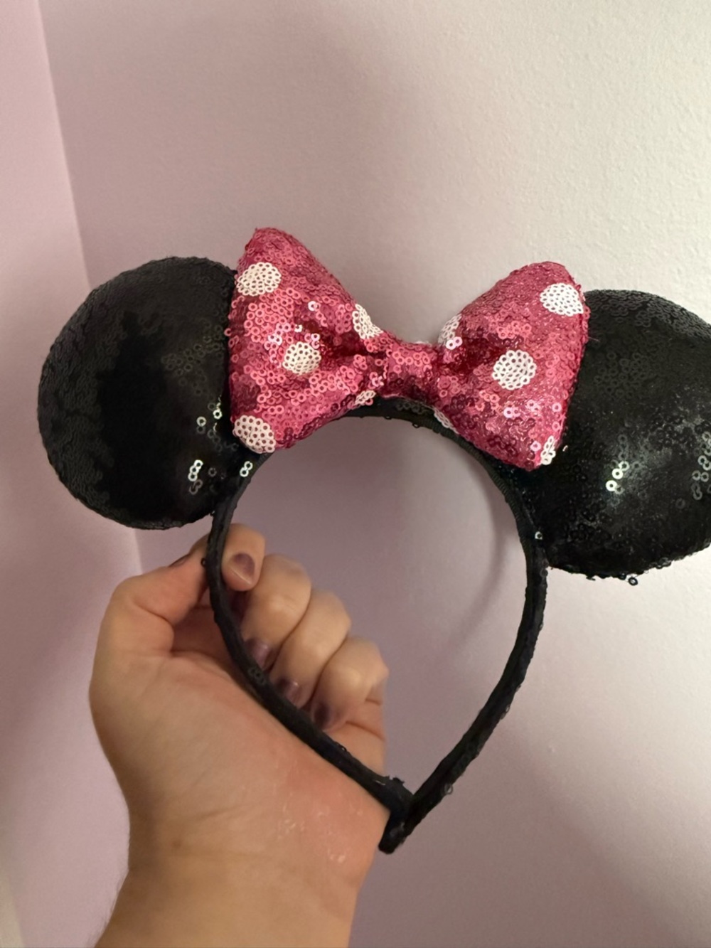 Girls Sequin Minnie Mouse Style Ears Headband with Pink Polka Dot Bow Disney